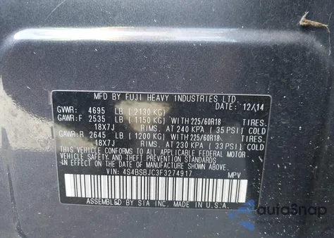 2015 Subaru Outback 2.5I Limited from USA, damaged, VIN 4S4BSBJC3F3274917
